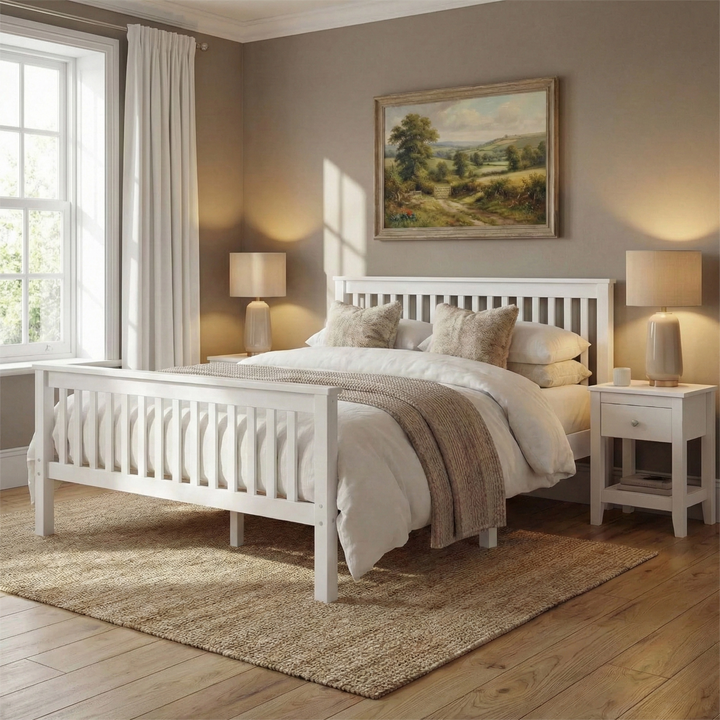 [White | Double] Wooden double bed frame between matching nightstands and lamps with curtains and landscape art on warm wall
