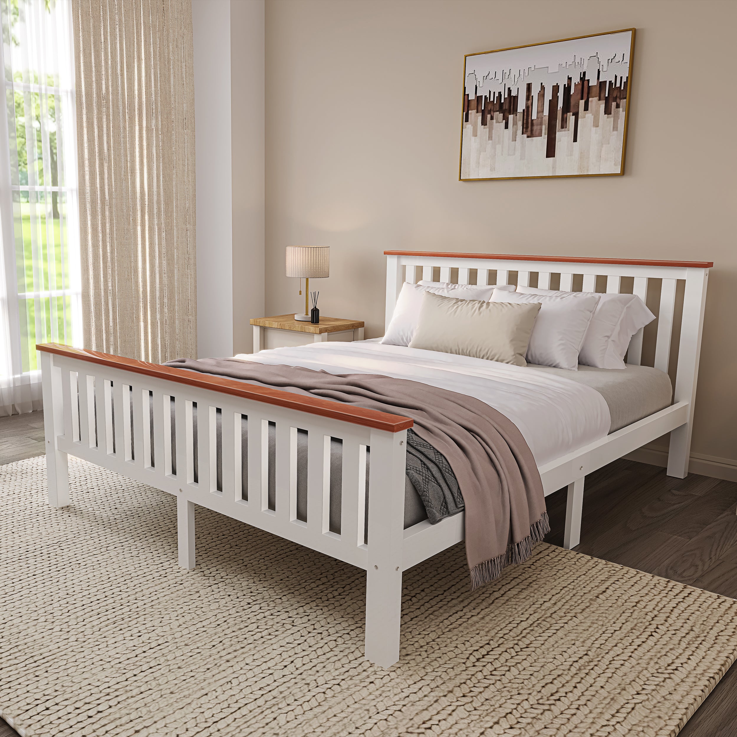 Wooden double bed frame – sturdy, elegant, and perfect for a timeless bedroom look.