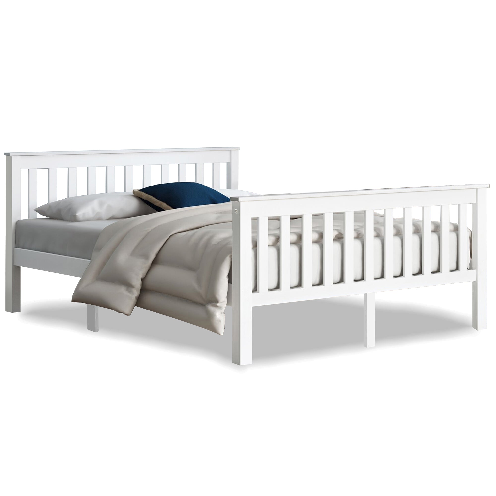 Modern wooden frame bed double size in white finish with slatted headboard and cozy bedding.