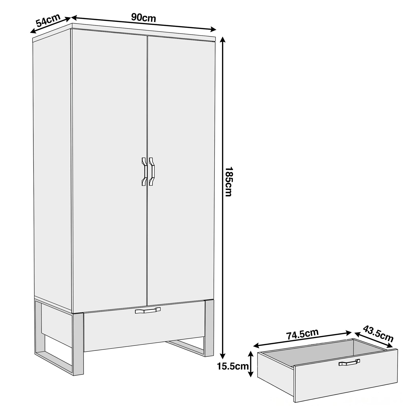 [Wooden Grey]   2 door wardrobe dimensions: 90 x 54 x 185cm, drawer shown as 74.5 x 43.5 x 15.5cm