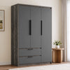 [Wooden Grey] tall wooden grey three-door wardrobe with two black vertical handles and two lower drawers, shown in a styled bedroom setting next to a wooden side table and window curtains.