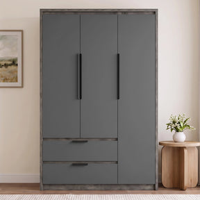 [Wooden Grey] three-door wardrobe with a matte dark gray finish and a rustic weathered wood frame, shown in a styled room setting next to a wooden side table with a vase of flowers.