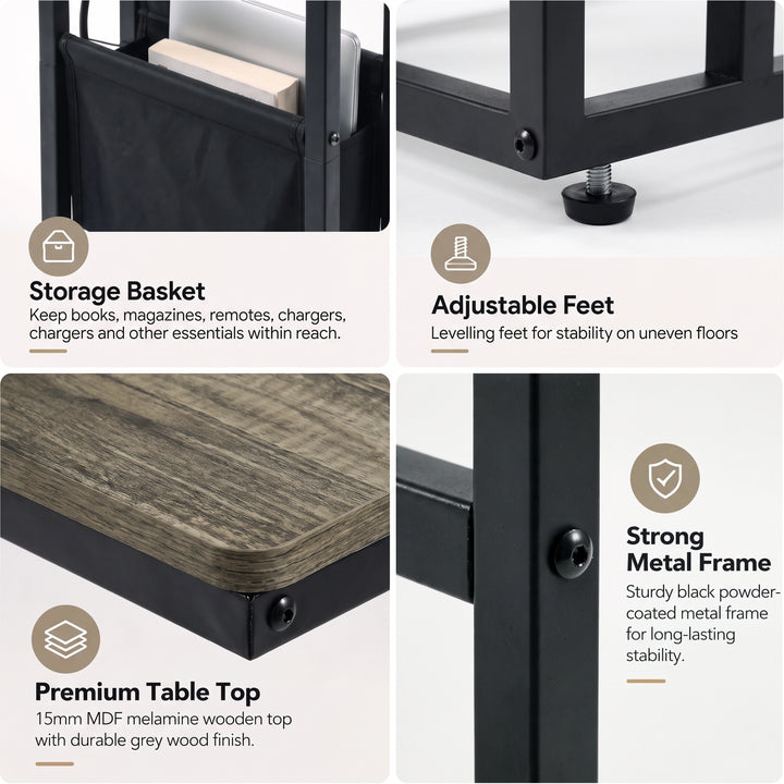 [Wooden Grey]feature graphic: storage basket, premium tabletop and strong metal frame details