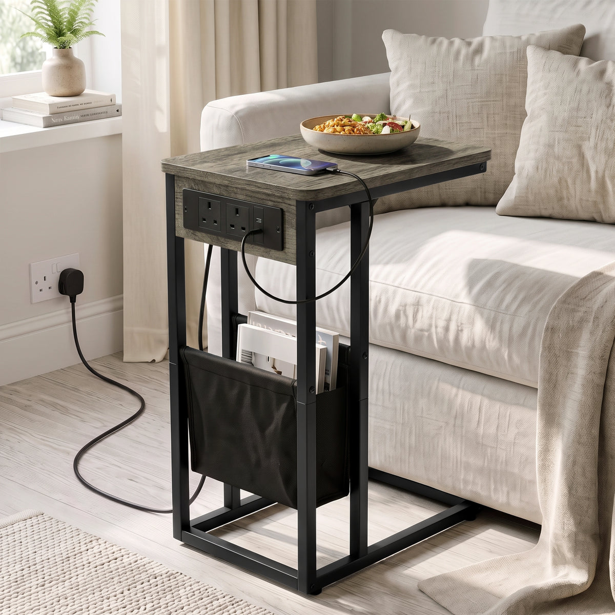 [Wooden Grey]C-shaped side table by sofa with wooden grey-effect top, socket panel, black pouch and bottom panel under sofa
