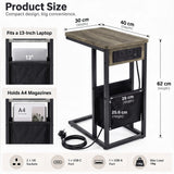 [Wooden Grey]Size graphic: 30W x 40D x 62H cm; pouch fits 13-inch laptop & A4 magazines; USB-A/C, 2 UK sockets, 15kg weight limit