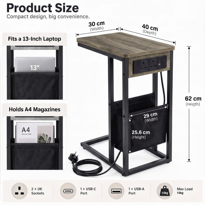 [Wooden Grey]Size graphic: 30W x 40D x 62H cm; pouch fits 13-inch laptop & A4 magazines; USB-A/C, 2 UK sockets, 15kg weight limit