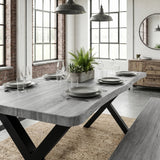 [Wooden Grey] Industrial 6 Seater Dining Table with Benches set with plates, glasses, and a fern planter
