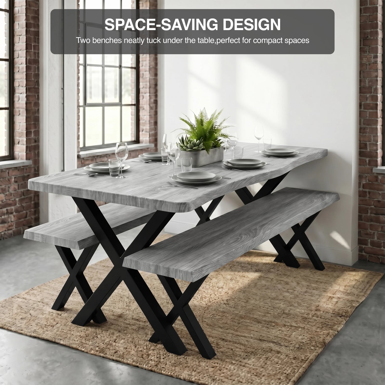 [Wooden Grey] Industrial 6 Seater Dining Table with Benches tucked neatly into a bright compact corner
