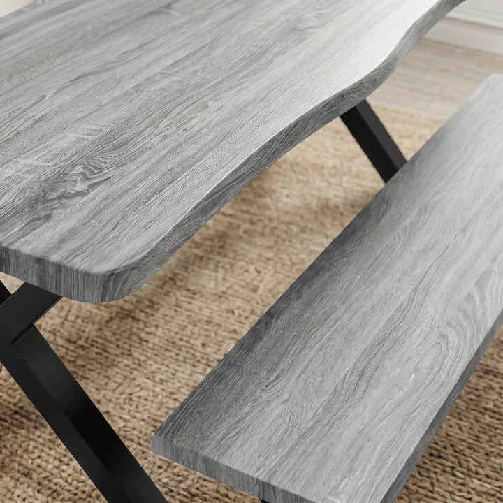 [Wooden Grey] Industrial 6 Seater Dining Table with Benches close-up showing grey woodgrain and rounded edges