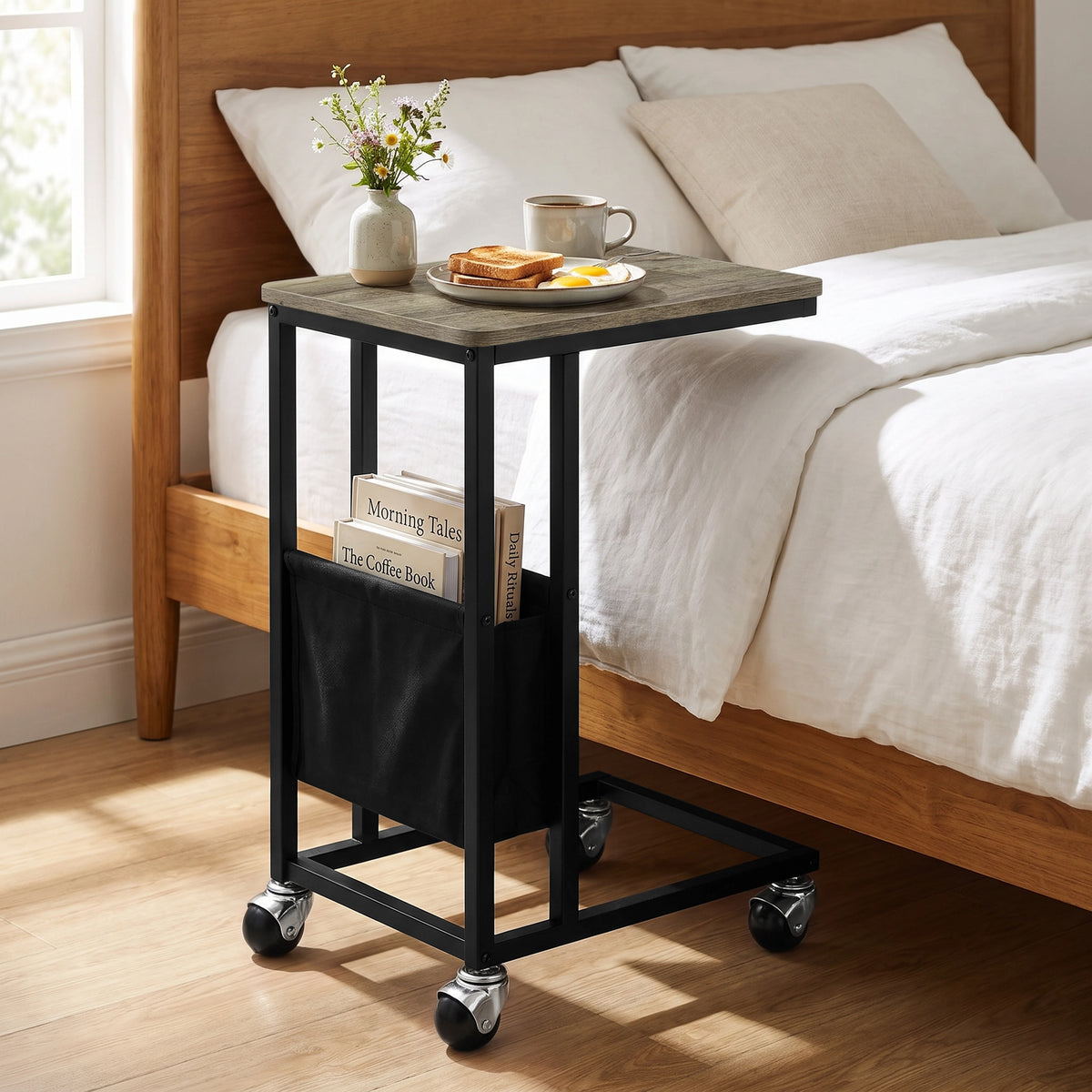 [Wooden Grey] side table beside bed with wooden Grey-effect top, side pouch storage, snacks and rolling caster wheels