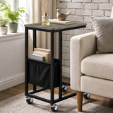 [Wooden Grey] compact side table beside sofa with wooden Grey-effect top, slim frame, pouch and caster wheels