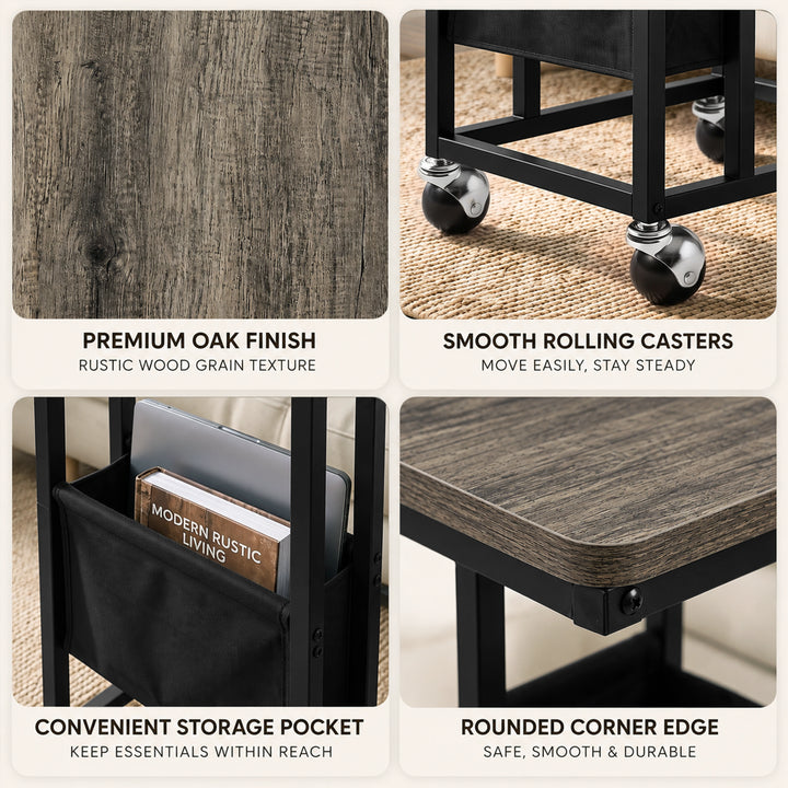 [Wooden Grey] feature graphic: tabletop texture, smooth rolling casters, storage pocket and rounded corner edge