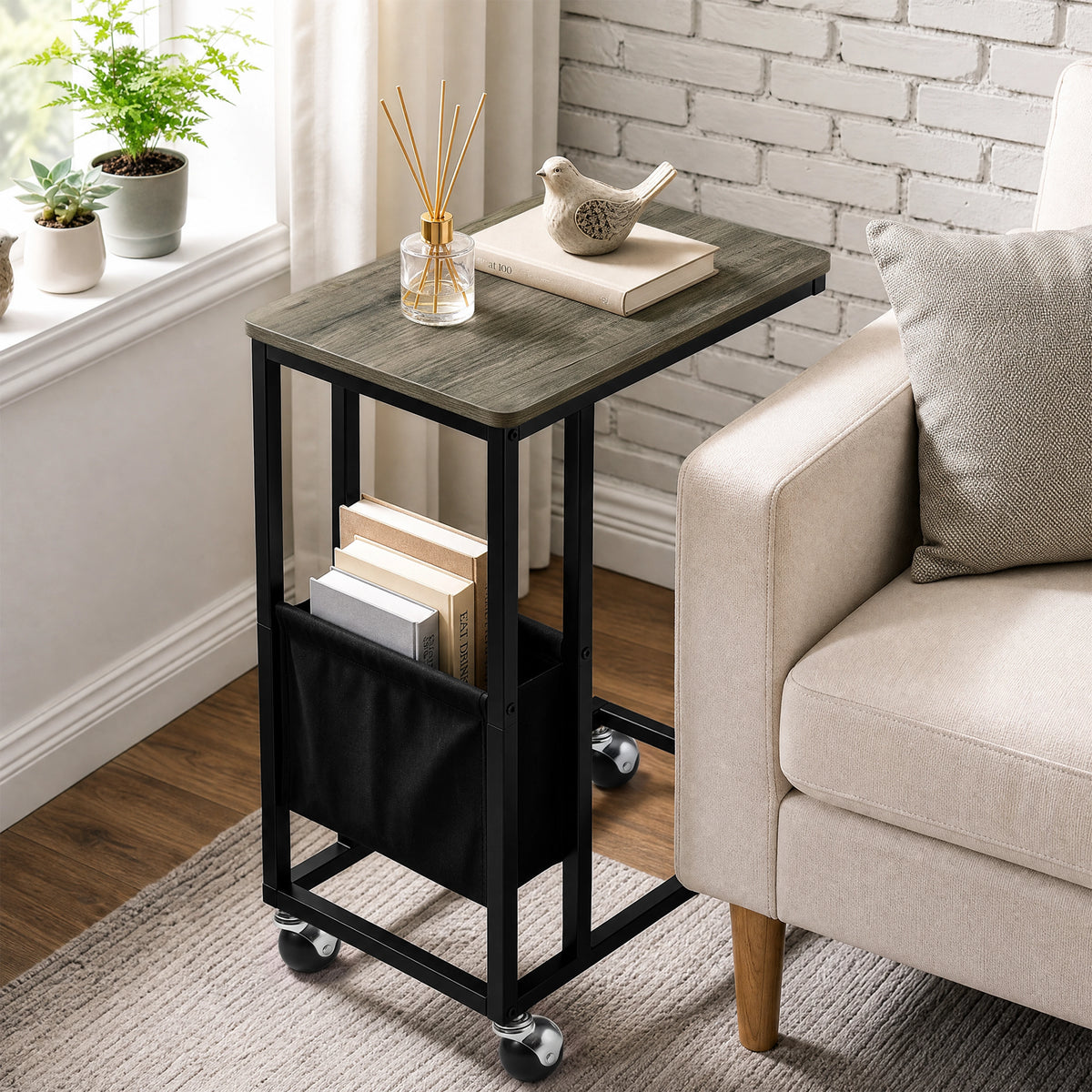 [Wooden Grey] Top-down view of C-shaped side table with wooden Grey-effect top, rounded top and side pouch