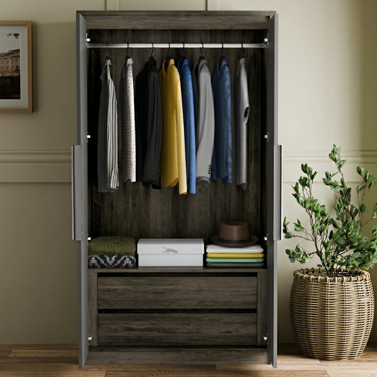 [Wooden Grey+Grey] Wooden wardrobe with clothes and storage compartments in a room with a plant and framed picture.