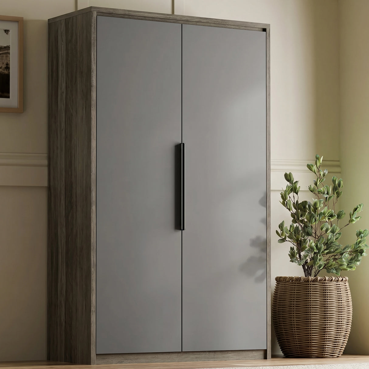 [Wooden Grey+Grey] Skova double wardrobe with modern scandi wooden grey frame with grey doors internal in bedroom