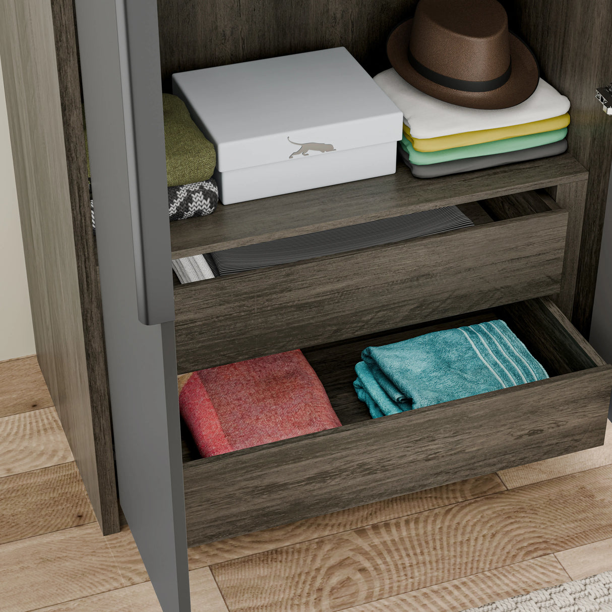 [Wooden Grey+Grey] Wooden dresser with open drawer containing towels, closed drawers, and items on top.