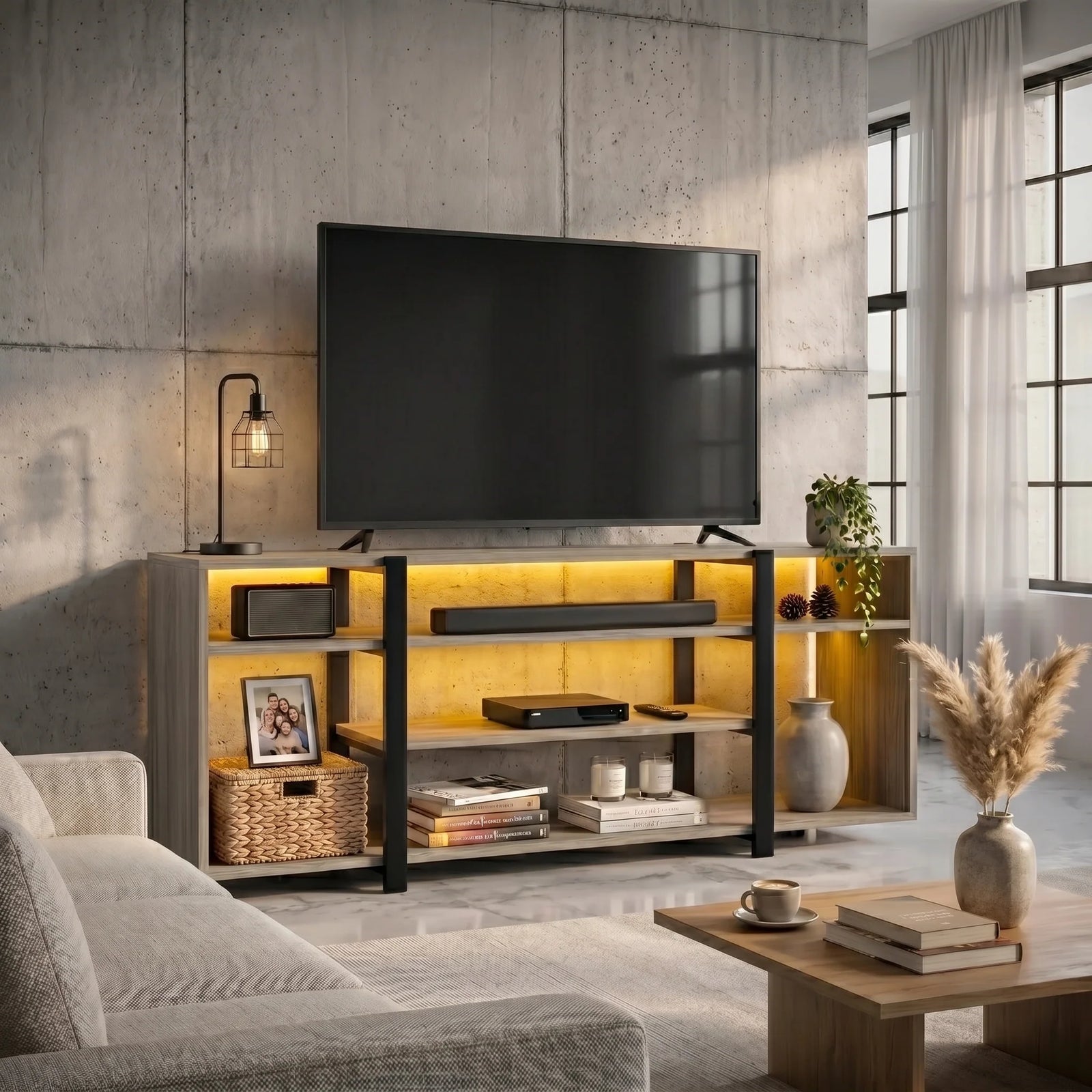 [Wooden Grey] Industrial LED TV Stand with Storage styled in a concrete-walled living room with warm amber LED underlighting, open shelves holding a soundbar, books and a basket