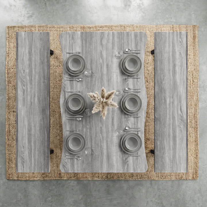 [Wooden Grey] Industrial 6 Seater Dining Table with Benches overhead view on jute rug with six grey place settings
