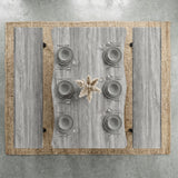 [Wooden Grey] Industrial 6 Seater Dining Table with Benches overhead view on jute rug with six grey place settings