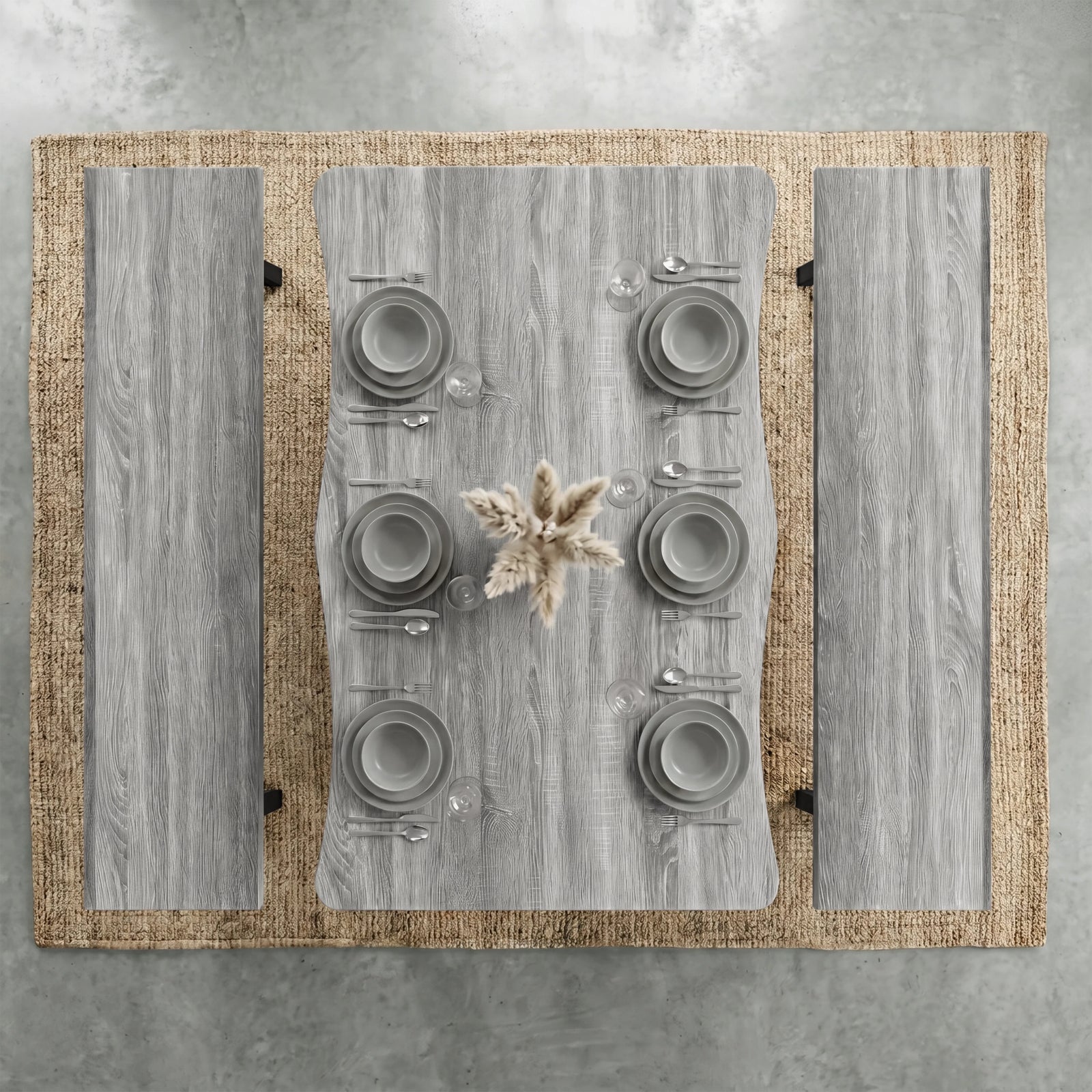 [Wooden Grey] Industrial 6 Seater Dining Table with Benches overhead view on jute rug with six grey place settings