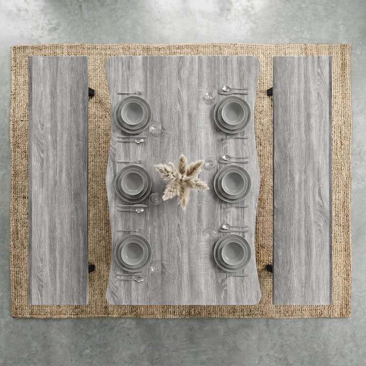 [Wooden Grey] Industrial 6 Seater Dining Table with Benches overhead view on jute rug with six grey place settings