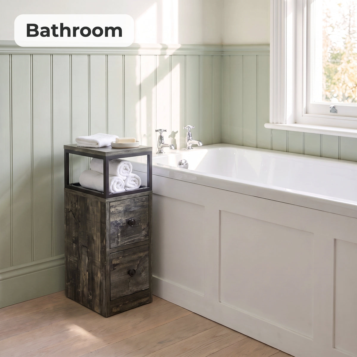 [Rustic Grey] Narrow side table with storage beside a bath, holding towels and toiletries