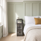 [Rustic Grey] Narrow side table with storage beside a bed, holding a lamp and small bedroom essentials