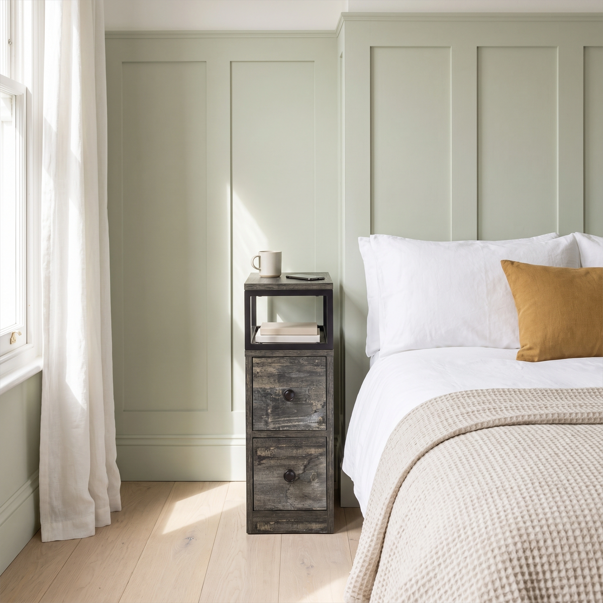 [Rustic Grey] Narrow side table with storage beside a bed, holding a lamp and small bedroom essentials