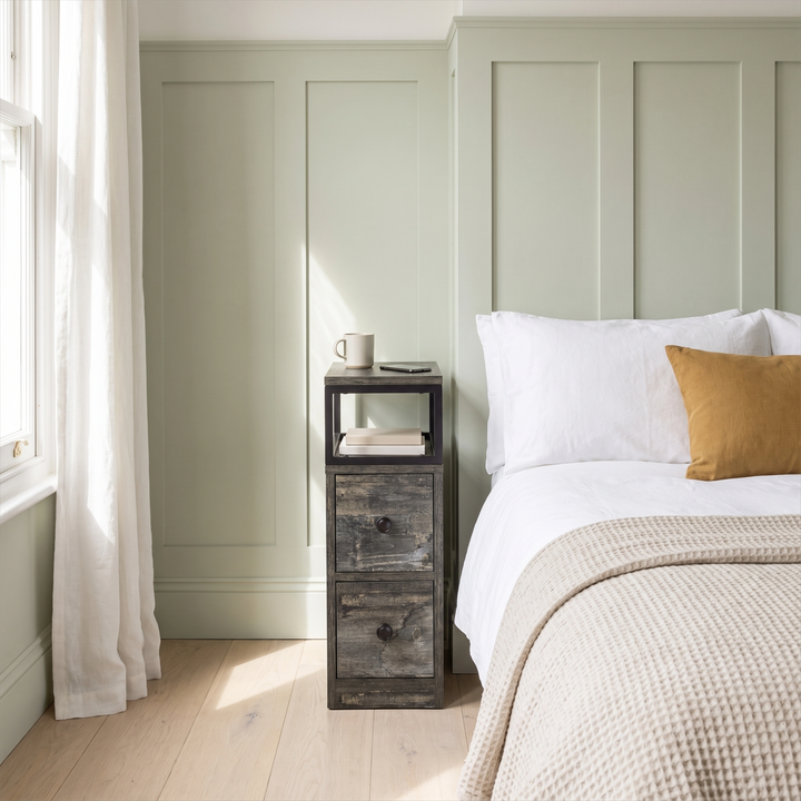 [Rustic Grey] Narrow side table with storage beside a bed, holding a lamp and small bedroom essentials