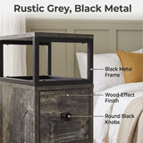 [Rustic Grey] Side table finish graphic: Rustic Grey, Black Metal; wood-effect panels and round black knobs