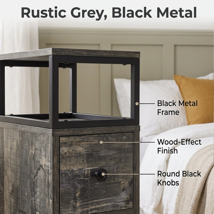 [Rustic Grey] Side table finish graphic: Rustic Grey, Black Metal; wood-effect panels and round black knobs