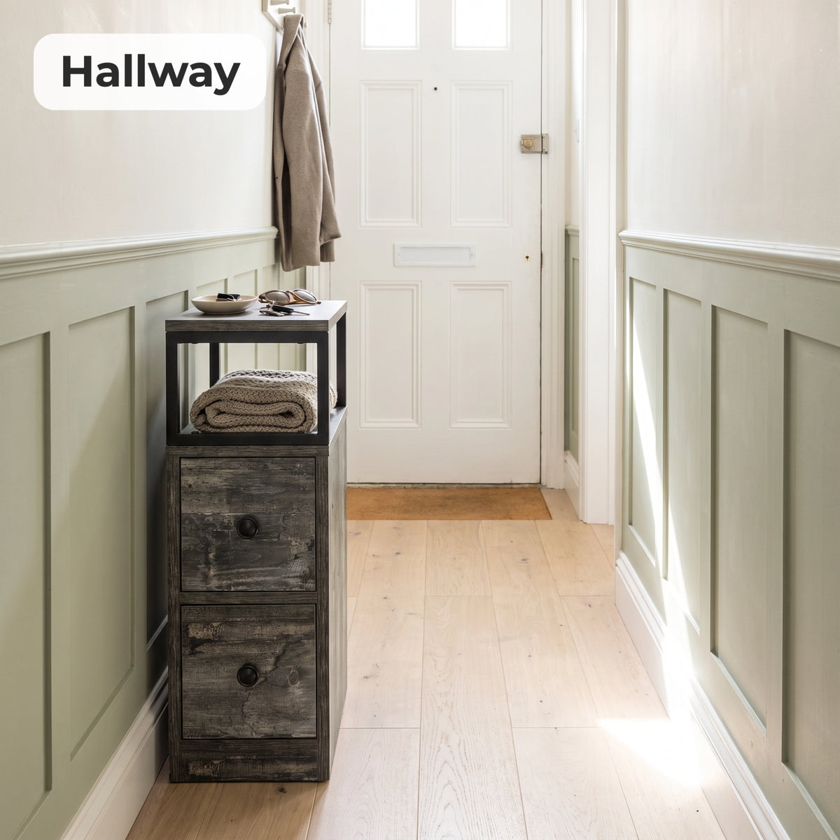 [Rustic Grey] Narrow side table with storage in a hallway, with two drawers and an open display shelf