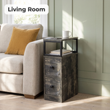 [Rustic Grey] Narrow side table with storage beside a sofa, holding a lamp, plant and living room essentials