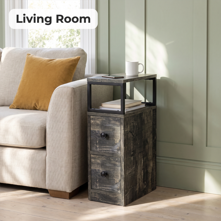 [Rustic Grey] Narrow side table with storage beside a sofa, holding a lamp, plant and living room essentials