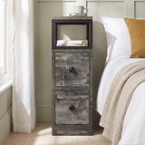 [Rustic Grey] Narrow side table with storage, two drawers, open shelf, metal frame and wood-effect top