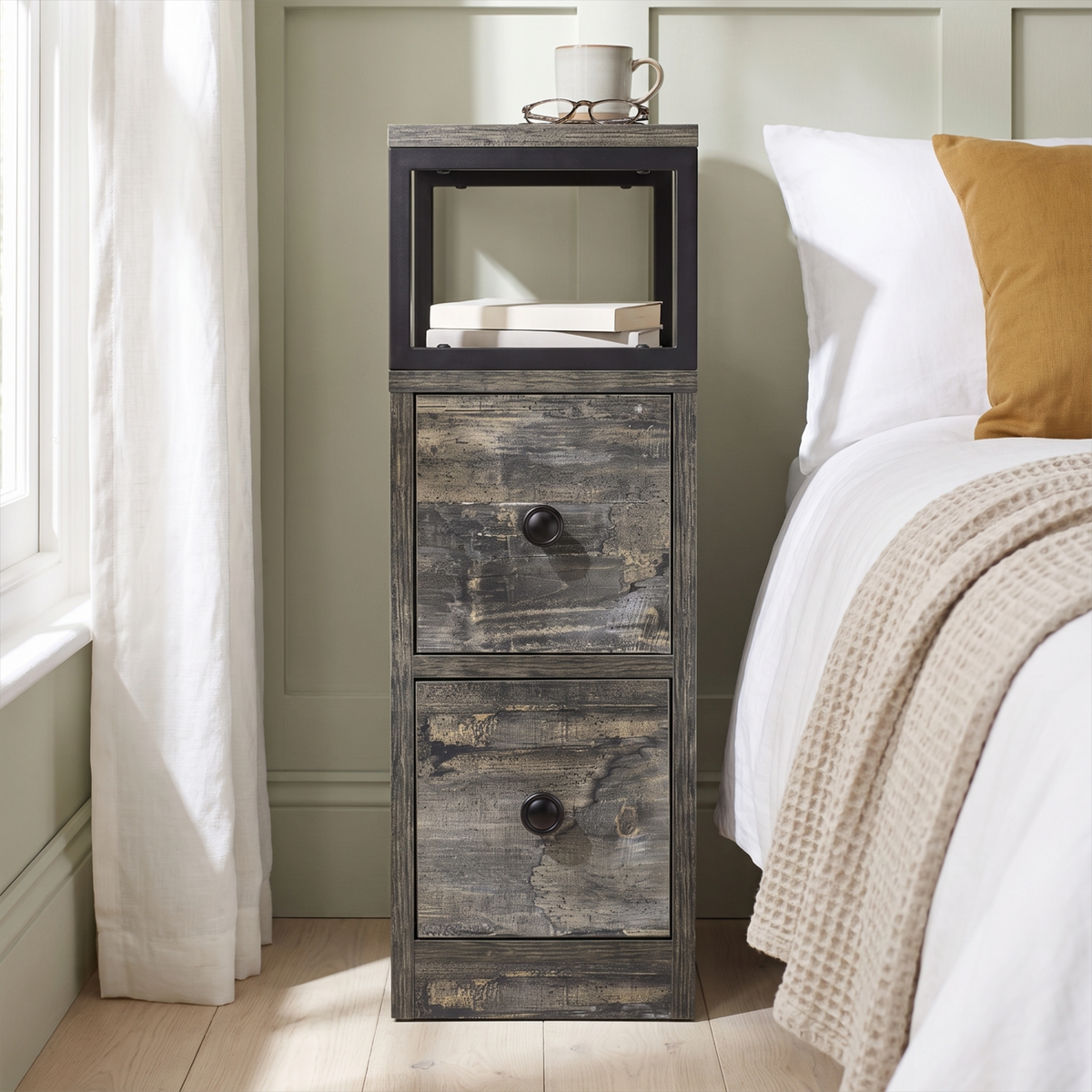 [Rustic Grey] Narrow side table with storage, two drawers, open shelf, metal frame and wood-effect top
