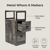 [Rustic Grey] Side table graphic: black metal frame, metal drawer runners, anti-tip kit and 20 kg max load