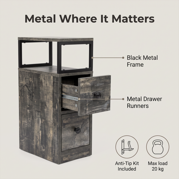[Rustic Grey] Side table graphic: black metal frame, metal drawer runners, anti-tip kit and 20 kg max load
