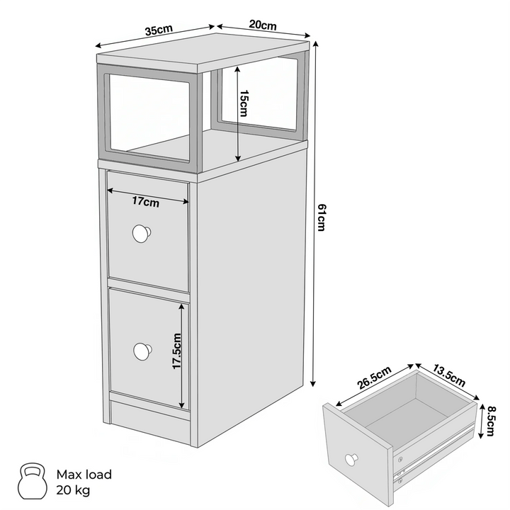 [Rustic Grey] Narrow side table dimensions: 20W x 35D x 61H cm; shelf 15H; drawers 13.5W x 26.5D x 8.5H cm
