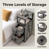 [Rustic Grey] Side table graphic: Three Levels of Storage - top surface, open shelf and two drawers