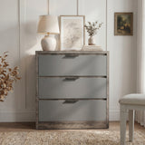[Wooden Grey+Grey] Skova 3-drawer chest front view styled with ceramic lamp, stacked books, and eucalyptus on top