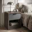 [Wooden Grey+Grey] Skova bedside table styled beside a bed with lamp, clock and books in open shelf