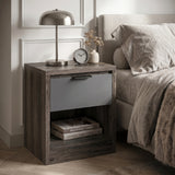 [Wooden Grey+Grey] Skova bedside table styled beside a bed with lamp, clock and books in open shelf