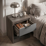 [Wooden Grey+Grey] Skova bedside table with drawer open revealing spacious interior storing journal and accessories