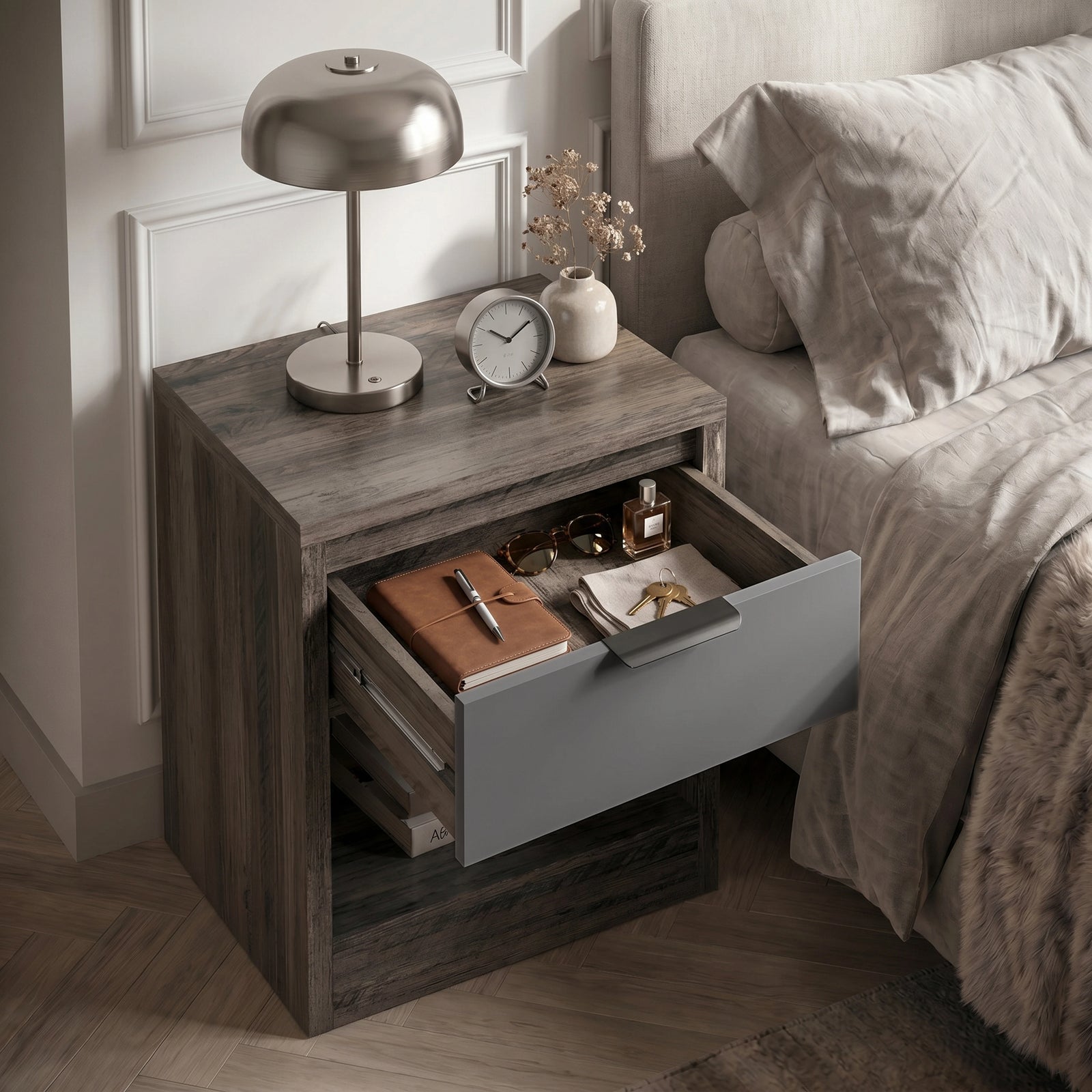 [Wooden Grey+Grey] Skova bedside table with drawer open revealing spacious interior storing journal and accessories
