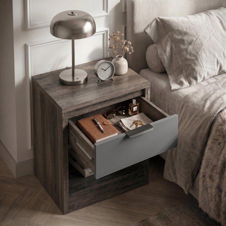 [Wooden Grey+Grey] Skova bedside table with drawer open revealing spacious interior storing journal and accessories