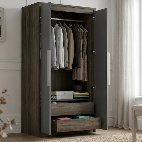 [Wooden Grey+Grey] Skova wardrobe open showing full-width hanging rail, interior shelving, and two pull-out drawers at base