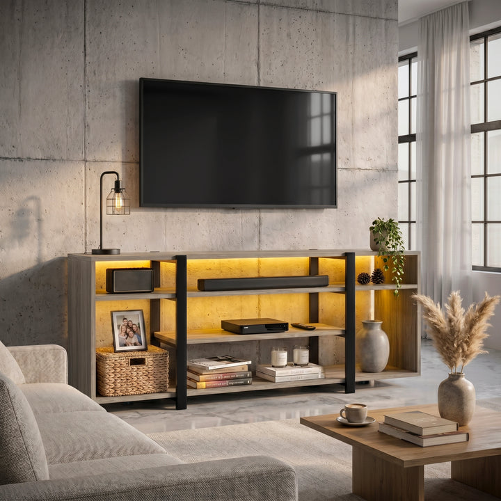 [Wooden Grey] Modern living room with a TV mounted on the wall and a media console below