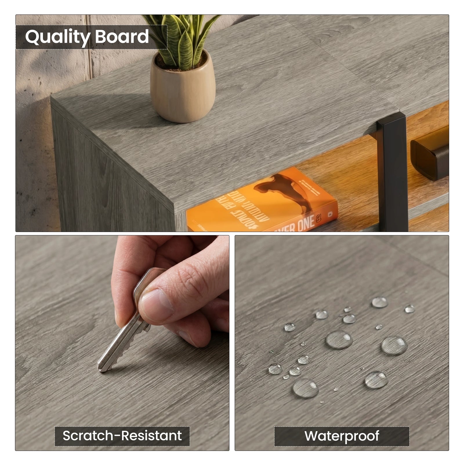 [Wooden Grey] Zelumi TV stand three-panel detail showing grey wood board quality, scratch-resistant key test, and waterproof surface finish