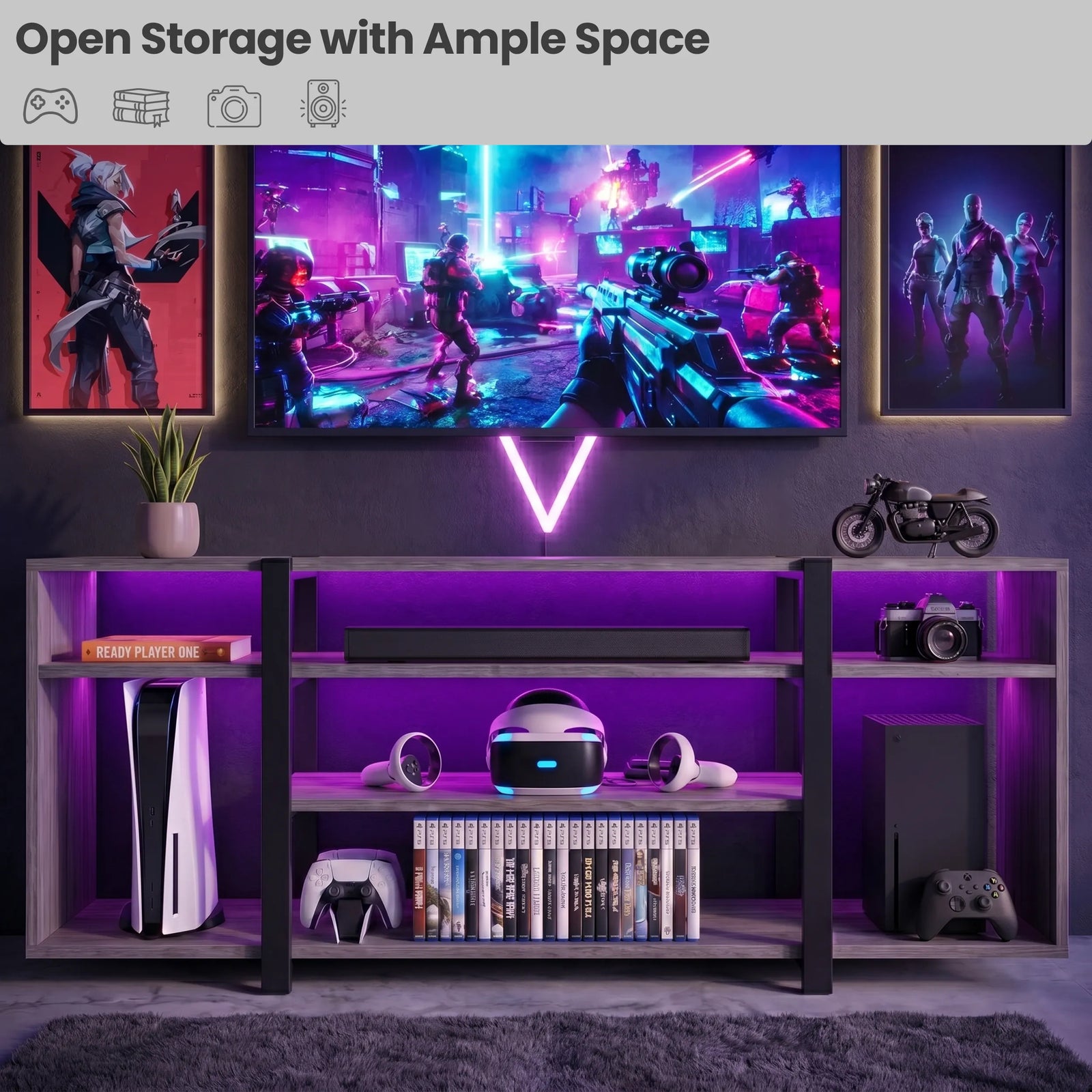 [Wooden Grey] Zelumi TV stand in a dark gaming room with purple LED shelves, consoles, VR headset, soundbar, and neon gaming wall art in the background